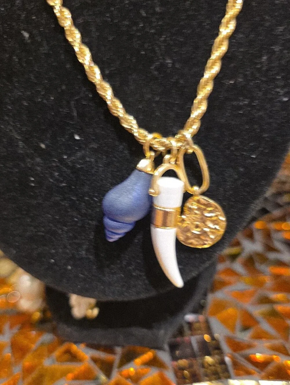 Gold Rope Necklace with Blue and White Charm Details